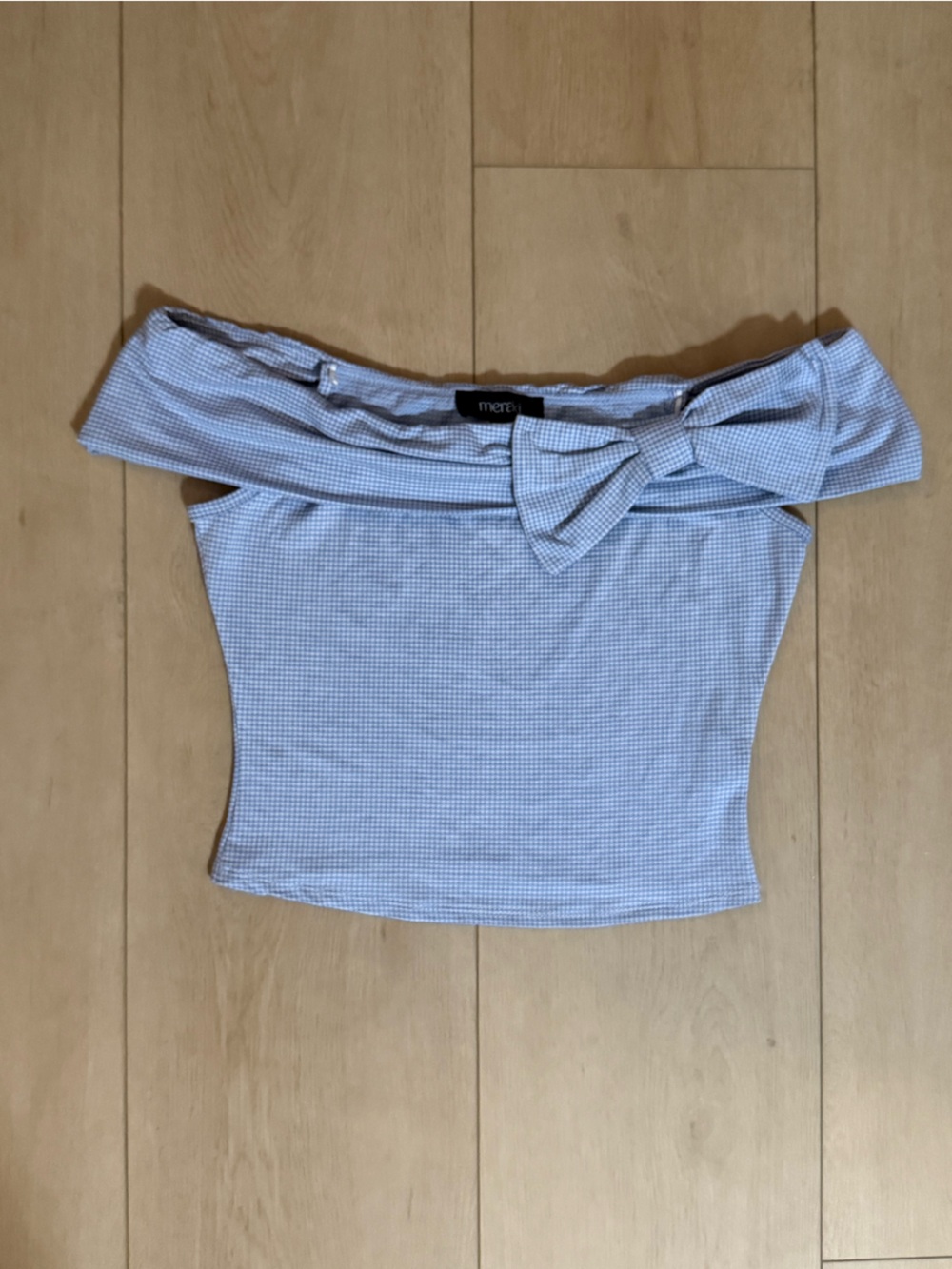 Light Blue Gingham Strapless Top with Bow Detail